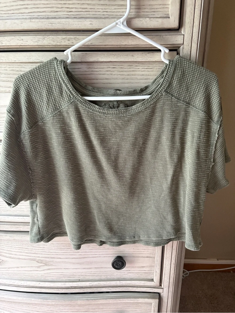 100% Cotton Aerie Waffle Knit Cropped Short Sleeve Tee Olive Green Fall Top